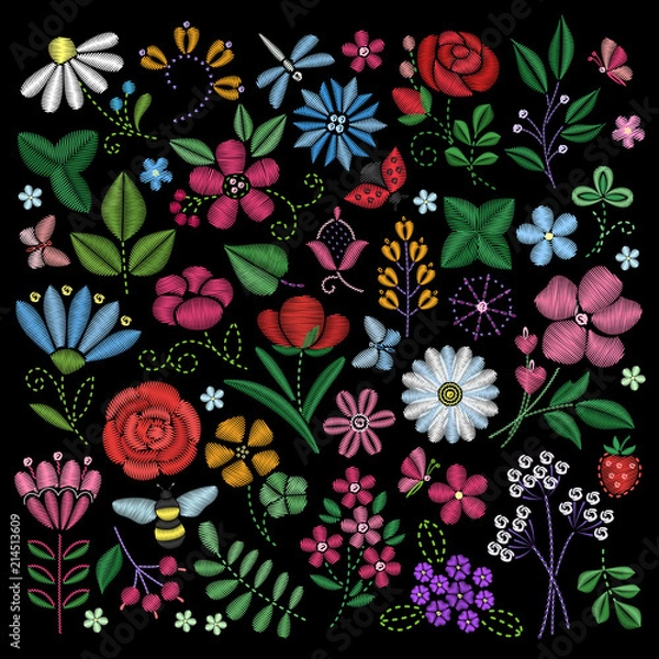 Fototapeta Embroidery elements. Flowers, leaves, dragonflies, butterflies embroidered on black background. Floral motifs for creating handmade design.Fashion design. Vector embroidered illustration