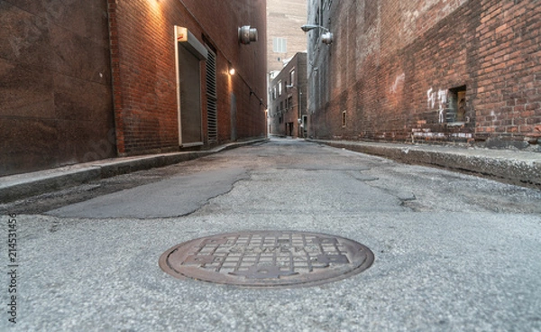 Fototapeta Low angle site of long Europe style back alley way in Cleveland, Ohio with view of man hole cover.
