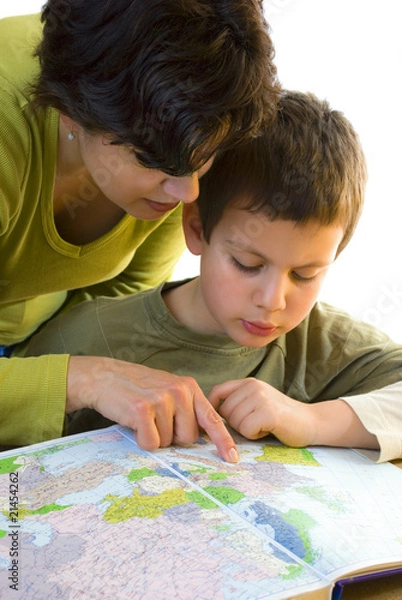 Obraz teacher and child over map