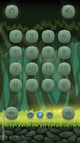 Fototapeta Choose level screen template for summer tropical game with pages. Vector gui assets collection in cartoon style for game design: left and right arrow buttons, back and sound icons.