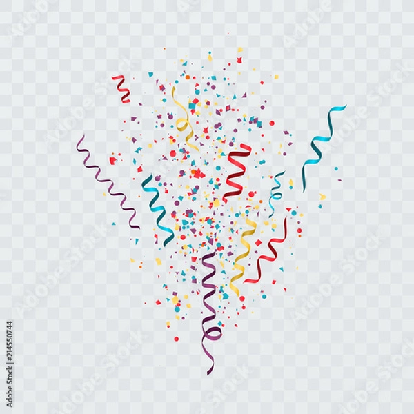 Fototapeta Colorful confetti burst. Festive template with confetti and streamers. Vector illustration
