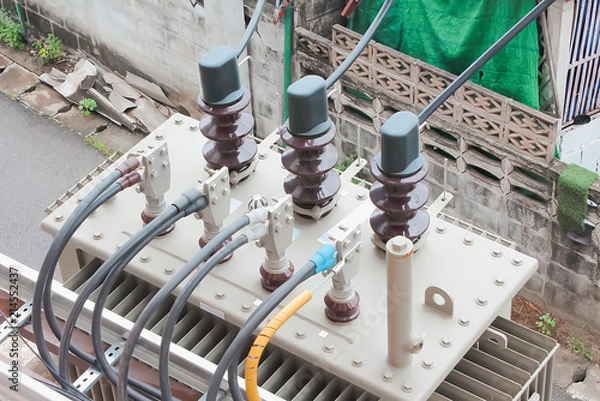 Fototapeta Layout of electrical wires in both the input and output side of the transformer.