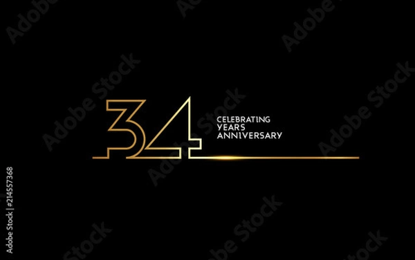 Fototapeta 34 Years Anniversary logotype with golden colored font numbers made of one connected line, isolated on black background for company celebration event, birthday