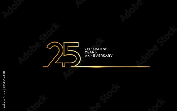 Fototapeta 25 Years Anniversary logotype with golden colored font numbers made of one connected line, isolated on black background for company celebration event, birthday