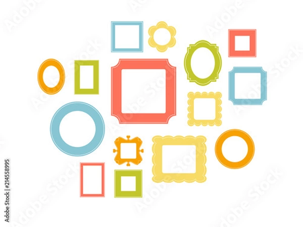 Fototapeta Set of cartoon picture frames organized as gallery wall. Blank colored frames isolated on white vector illustration. Balanced composition. Ready collage for photos or pictures