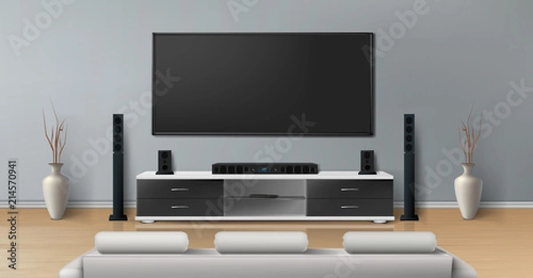 Obraz Wektor realistyczna makieta salonu z dużym telewizorem plazmowym na płaskiej szarej ścianie, czarny stojak z nowoczesnym systemem kina domowego, biała sofa do oglądania filmów. Minimalistyczne wnętrze mieszkania