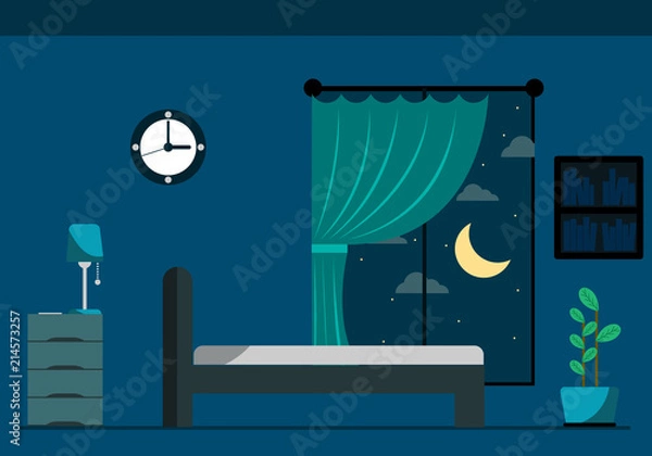Fototapeta Room with a window at night. Vector illustration