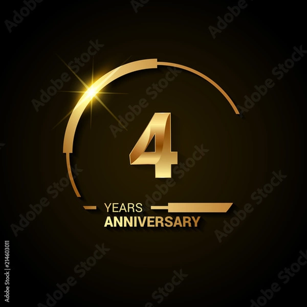Obraz 4 Years Anniversary Celebration Logotype. Golden Elegant Vector Illustration with Half Circle, Isolated on Black Background can be use for Celebration, Invitation, and Greeting card