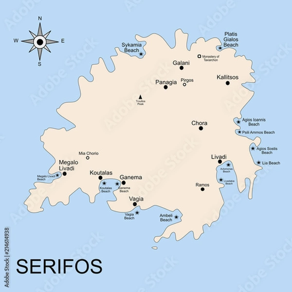 Obraz The geography map of Serifos island, in the archipelago of the Cyclades islands. There is indicated the position of towns and beaches.