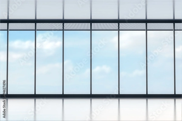 Fototapeta Front big hall and wide window with reflection floor. Sky view and daylight background. Modern showroom interior concept. 3D Rendering