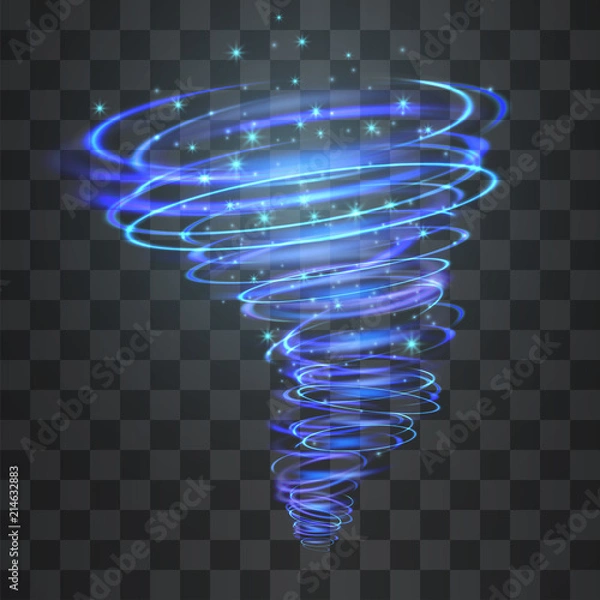 Fototapeta Winter hurricane light effect. Vector glowing tornado, swirling storm cone of cold shining flames on transparent background. Glittering blizzard flame funnel,  blue magical illumination.
