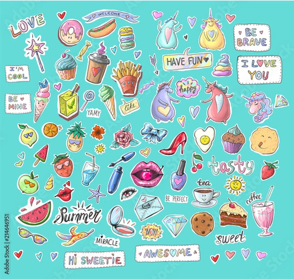 Fototapeta Fashion patch badges with lips, hearts, speech bubbles, stars and unicorns. Set of stickers, pins, patches in cartoon 80s-90s comic style.
