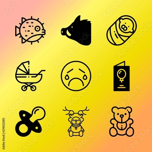Fototapeta Vector icon set about baby with 9 icons related to fun, hospital, illustration, birthday, comforter, anniversary, nursery, unhappy, new and forest