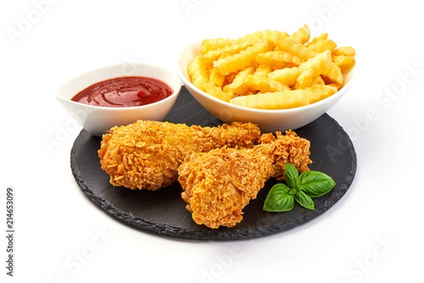 Fototapeta Breaded crispy chicken legs with french fries and ketchup, isolated on white background.