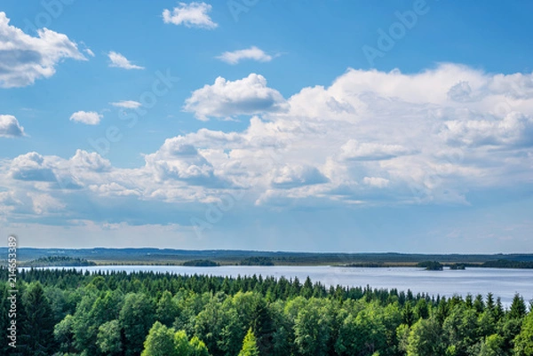 Obraz Lake on a Sunny Summer Day, blue sky with clouds