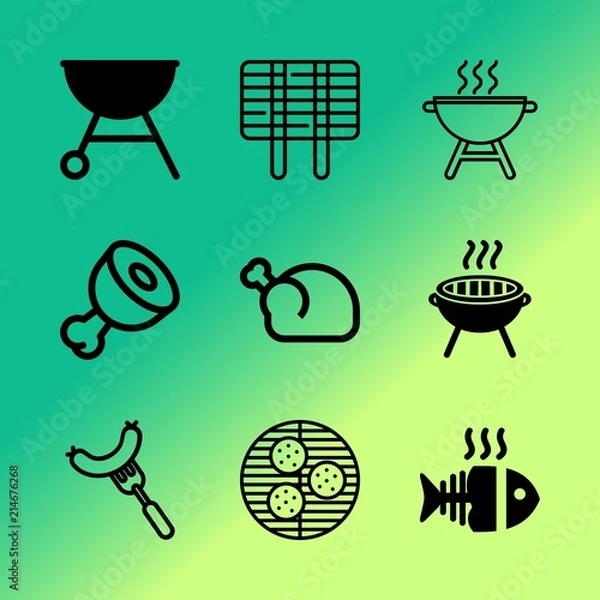 Fototapeta Vector icon set about barbecue with 9 icons related to dining, icon, sunny, farm, menu, rooster, beef, protein, group and gourmet
