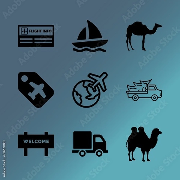 Obraz Vector icon set about transport with 9 icons related to tourism, dubai, life, fast, mammal, highway, luggage, cameleer, cruise and equipment
