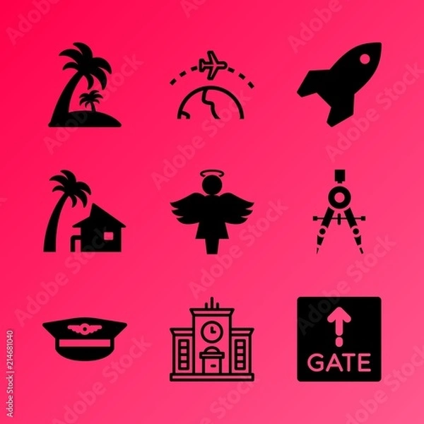 Fototapeta Vector icon set about travel and tourism with 9 icons related to dock, lorry, hill, looking, office, island, voyage, national, outdoor and west