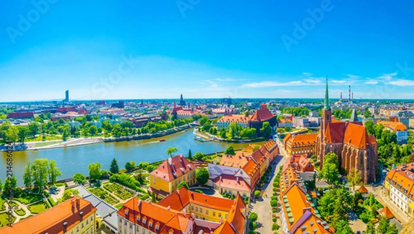 Fototapeta Aerial view of Wroclaw with church of our lady of the sand and church of the Holy Cross and St Bartholomew, Poland
