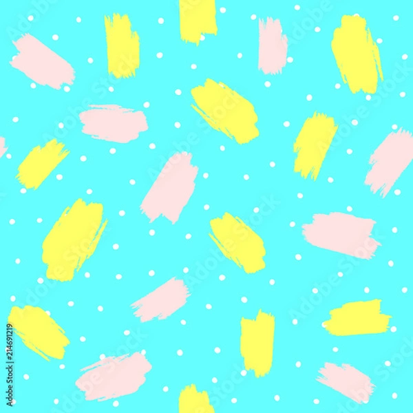 Fototapeta Repeated coloured brush strokes and irregular polka dot. Abstract seamless pattern drawn by hand. Grunge, sketch, watercolor, paint.