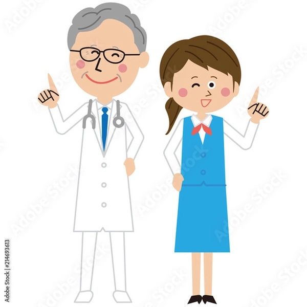 Fototapeta ポップな年を重ねた医者と受付の女性が指差し