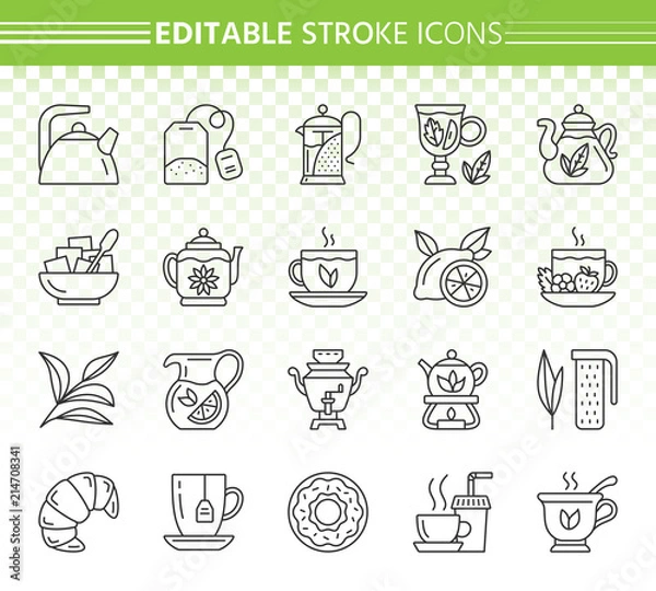Fototapeta Tea simple black line icons vector set