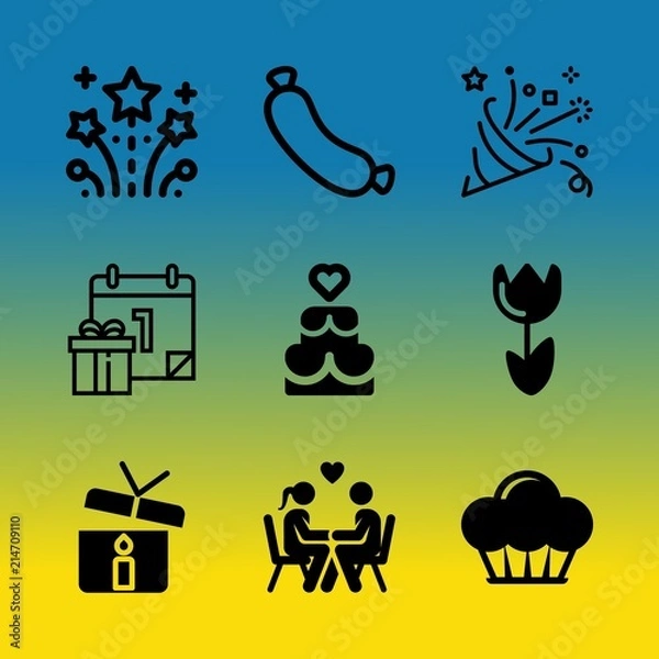 Obraz Vector icon set about birthday party with 9 icons related to breakfast, classic, young, xmas, nightclub, dance, snow, typography, cute and present