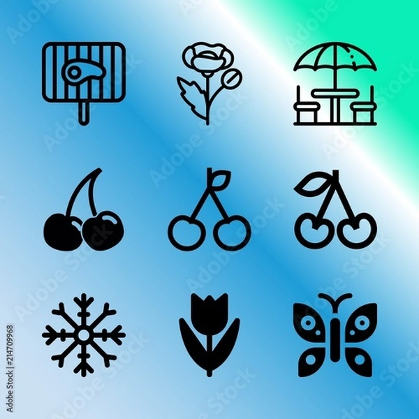 Fototapeta Vector icon set about gardening with 9 icons related to sun, weather, icon, landscape, friends, light, springtime, autumn, wild and bbq