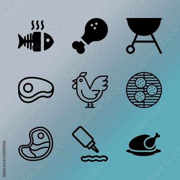 Fototapeta Vector icon set about barbecue with 9 icons related to roasted, logo, line, spice, cookout, outdoors, diet, food, recipe and striploin