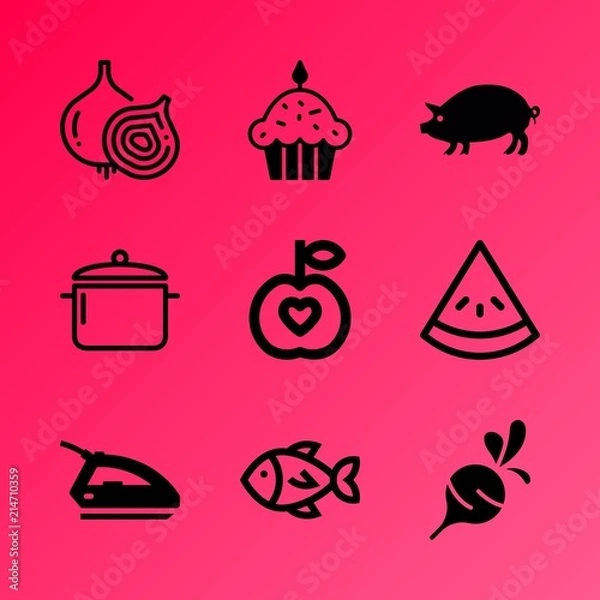Fototapeta Vector icon set about food with 9 icons related to tasty, saucepan, fire, flavoring, juicy, decoration, group, handle, cream and house