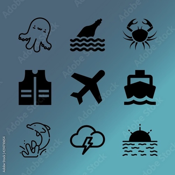 Obraz Vector icon set about sea with 9 icons related to luggage, calm, learning, sketch, ocean, space, emergency, cloudy, animal and clear