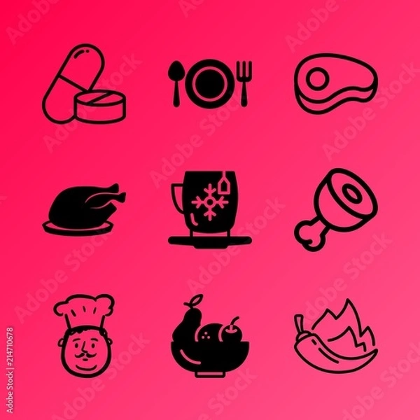 Obraz Vector icon set about kitchen with 9 icons related to red, male, teabag, taste, salmon, beefsteak, cayenne, country, glass and icon