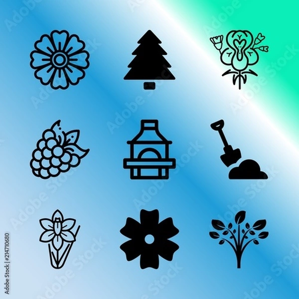 Obraz Vector icon set about gardening with 9 icons related to flavoring, food, narcissus, steak, element, sign, love, sirloin, roasted and cooking