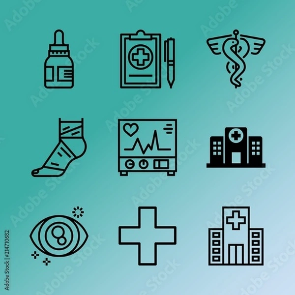 Obraz Vector icon set about medicine with 9 icons related to hygiene, christ, worship, cardiac, clinic, eye, worker, illness, signal and first