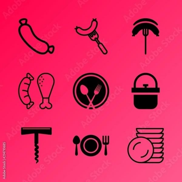 Obraz Vector icon set about kitchen with 9 icons related to breakfast, party, fat, homemade, succulent, sommelier, retro, brown, tree and space