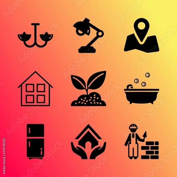 Fototapeta Vector icon set about home with 9 icons related to liquid, domestic, father, estate, green, blur, plank, human, antique and communication