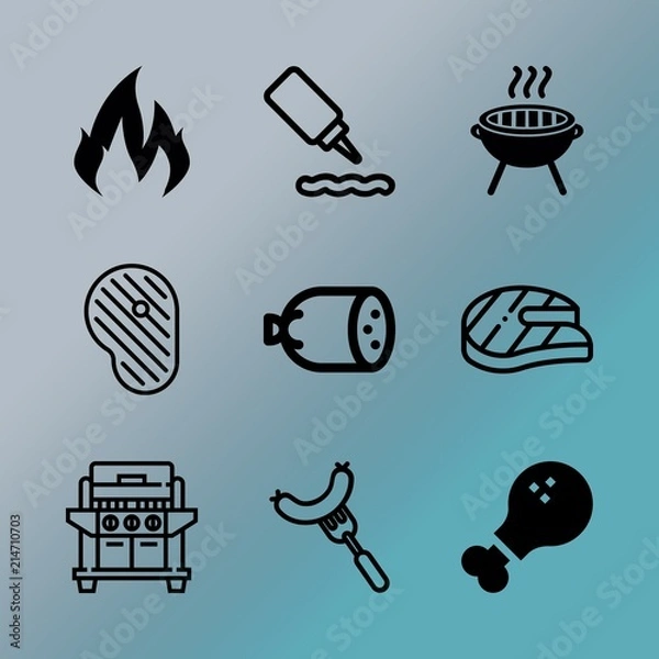 Obraz Vector icon set about barbecue with 9 icons related to backyard, dangerous, closeup, background, grilling, picnic, thigh, rare, cook and preparation