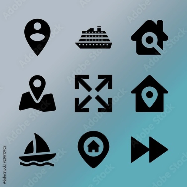 Obraz Vector icon set about location with 9 icons related to mortgage, roof, road, floating, graphic, human, ocean, speed, architecture and navigation