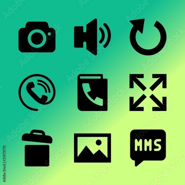 Obraz Vector icon set about mobile device with 9 icons related to conversation, disco, interior, notification, hologram, mobile, realistic, round, banner and smart