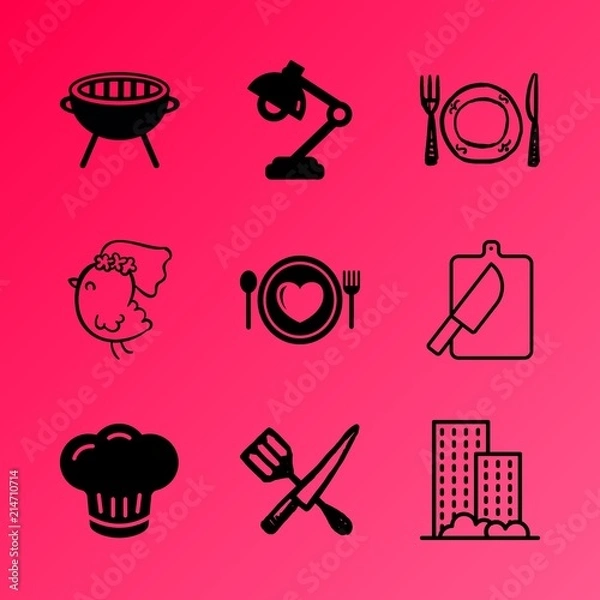 Obraz Vector icon set about kitchen with 9 icons related to hot, cutting board, blurred, window, place, braai, charcoal, kebabs, open and pattern