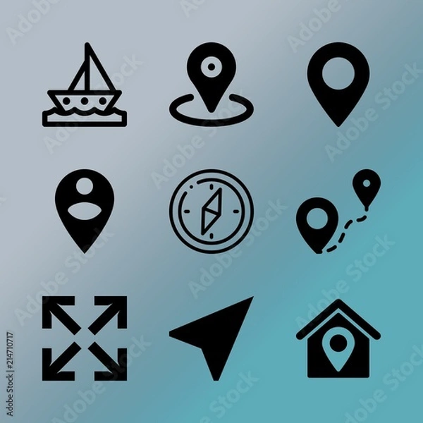 Obraz Vector icon set about location with 9 icons related to north, mobile device, wind, template, city, mark, display, internet, person and sail