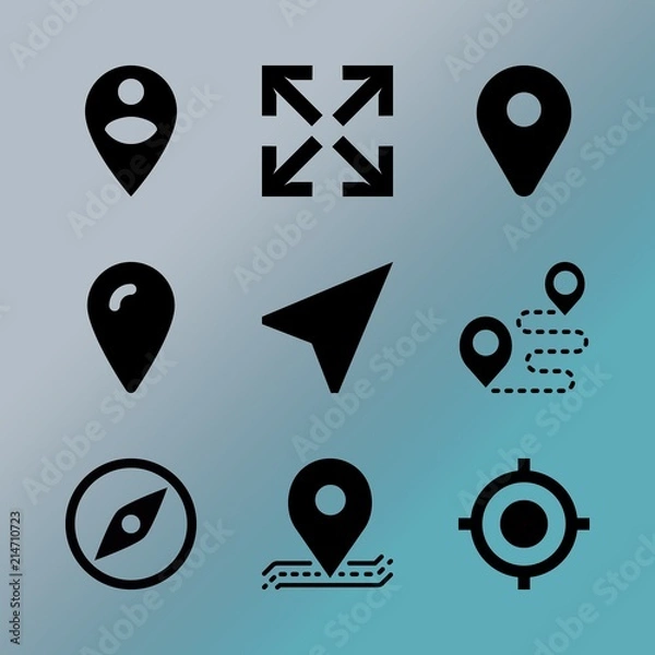 Obraz Vector icon set about location with 9 icons related to cartography, object, destination, social, geography, signal, traffic, vintage, label and paper