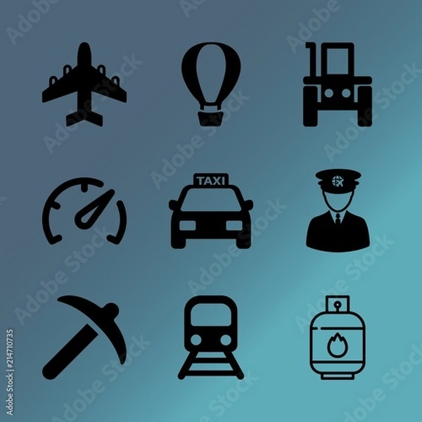 Obraz Vector icon set about transport with 9 icons related to bulldozer, machine, showing, interface, background, front, port, exploration, ground and smile