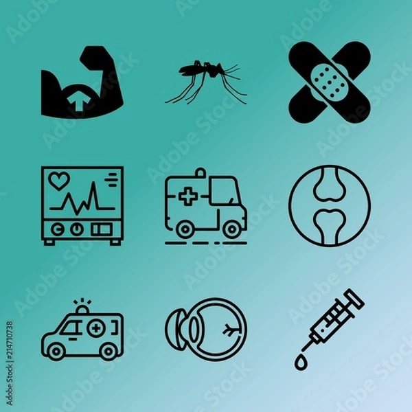 Obraz Vector icon set about medicine with 9 icons related to hospital, cosmetic, optometrist, frequency, human bones, shape, cardiac, coat, sucking and hip