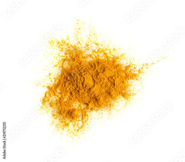 Fototapeta Turmeric (Curcuma) powder pile isolated on white background, top view.