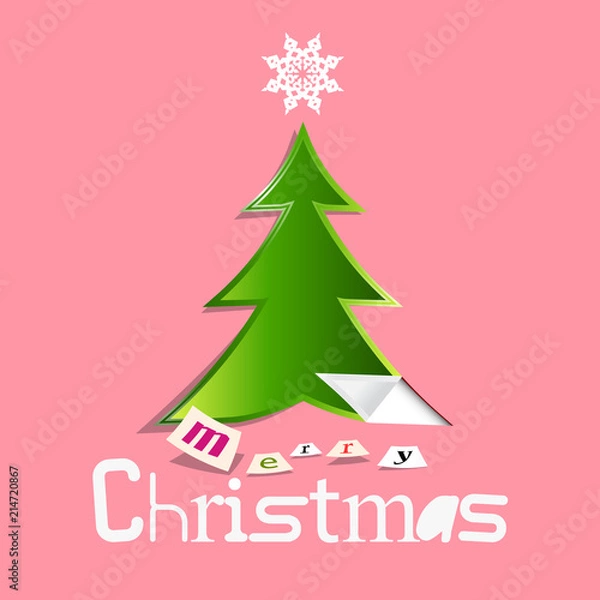 Fototapeta Retro Christmas Greeting Card with Paper Cut Tree on Pink Background