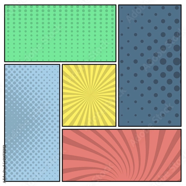 Obraz Colorful comic book page background in pop art style. Empty template with rays and dots pattern. Vector illustration
