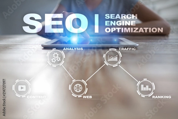 Fototapeta SEO. Search Engine optimization. Digital online marketing andInetrmet technology concept.