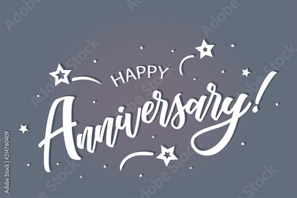 Fototapeta Happy Anniversary lettering card, banner. Beautiful greeting scratched calligraphy white text word stars. Hand drawn invitation print design. Handwritten modern brush blue background isolated vector.