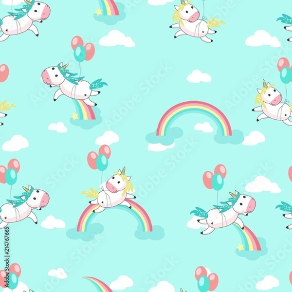 Fototapeta Unicorns with balloons vector seamless pattern